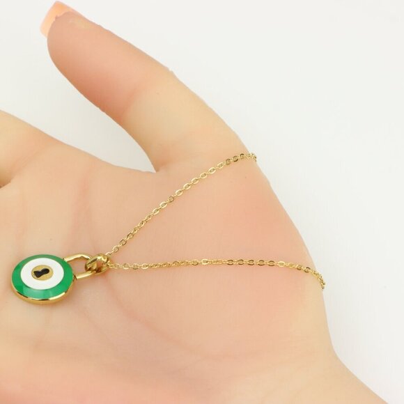 Gold Plated Green Evil Eye Pendant Necklace, XPNL0306 - Picture 7 of 13